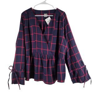 NWT ASOS Curve Cotton Plaid Blouse Womens Plus 14 Blue Red Faux Wrap Bell Sleeve